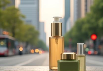 Seoul city centre with handmade cosmetics in foreground
